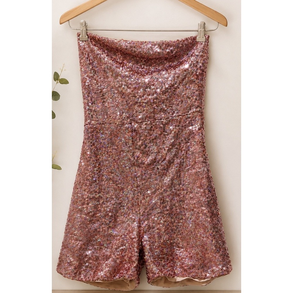 Rose Gold Sequin Romper Strapless Party Jumpsuit Rose Pink Sparkly Bodysuit
